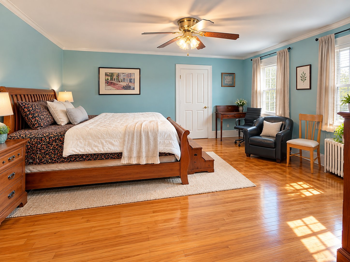 Kilsyth Road bedroom with hardwood floors and reading chair